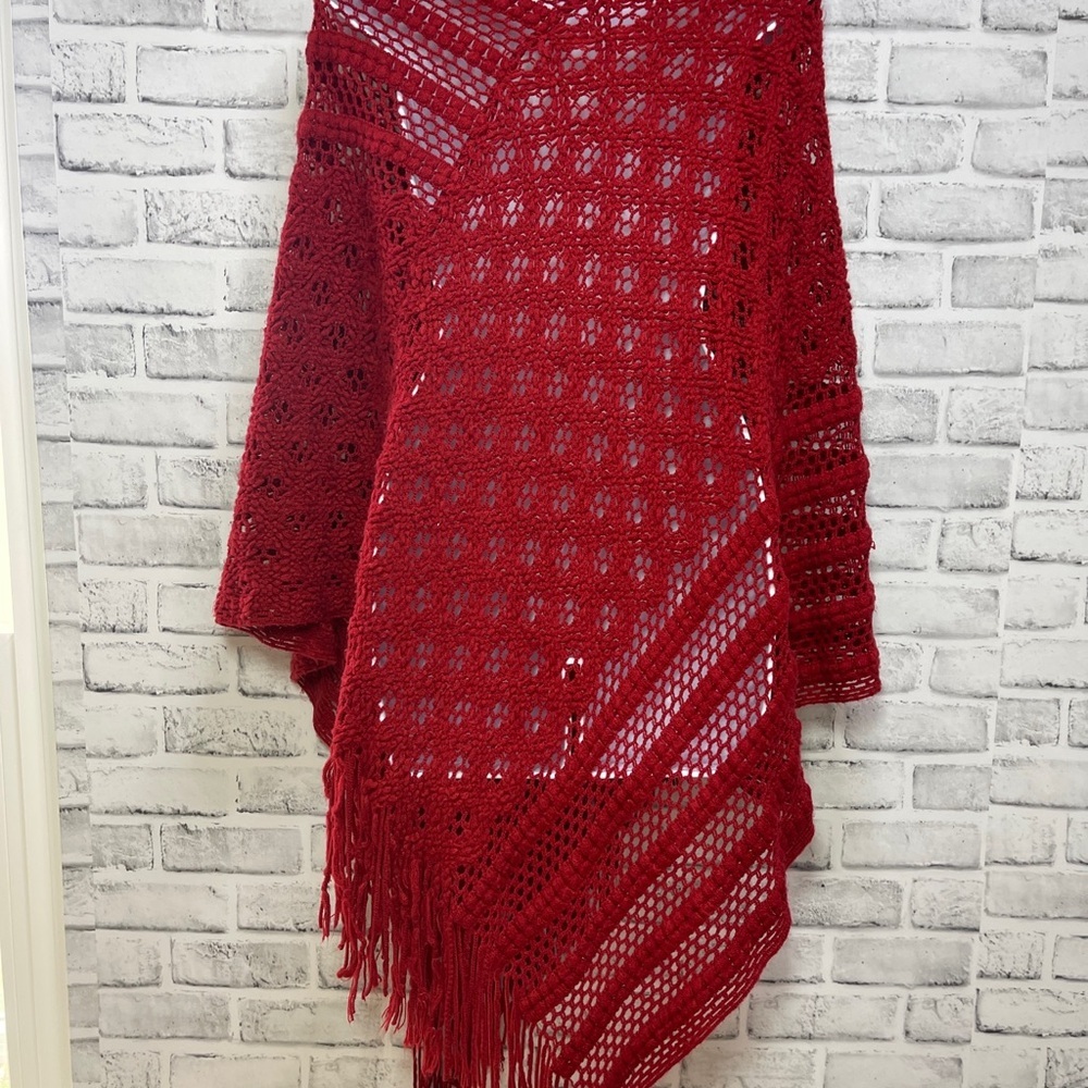 Women's Red Crochet Fringe Poncho Sweater OS - Picture 3 of 4